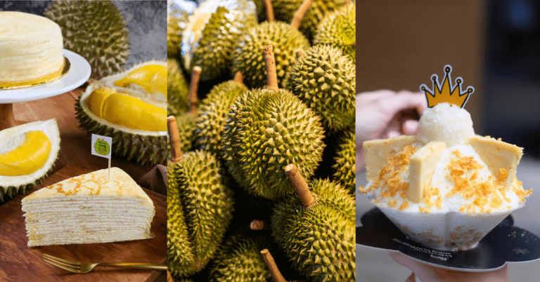 A compilation of desserts made from durian such as bingsu, crepes, and cakes.